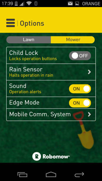 Mobile App Mower Options Screen
